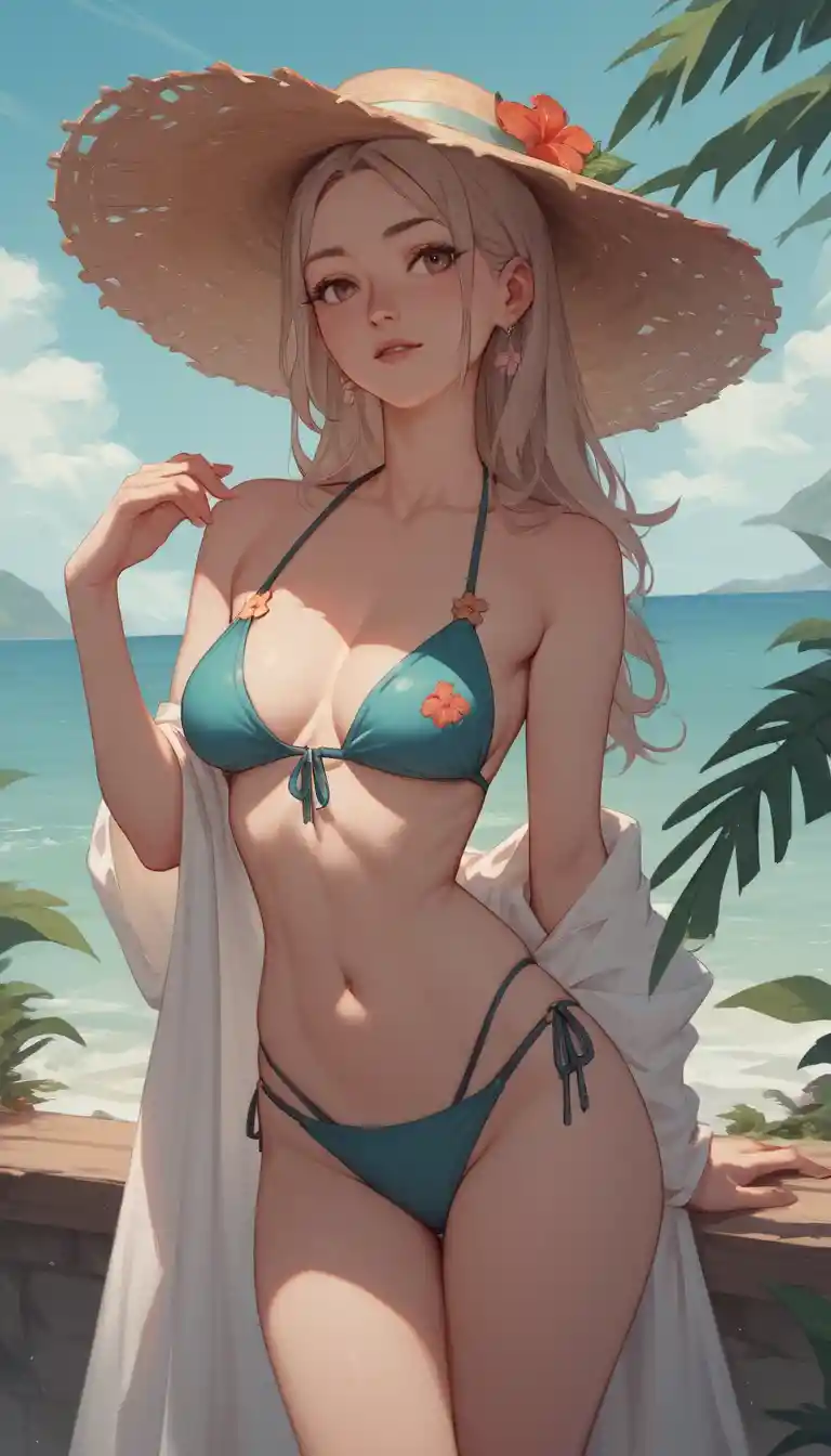 Anime-Mädchen im Bikini an einem sonnigen Strand