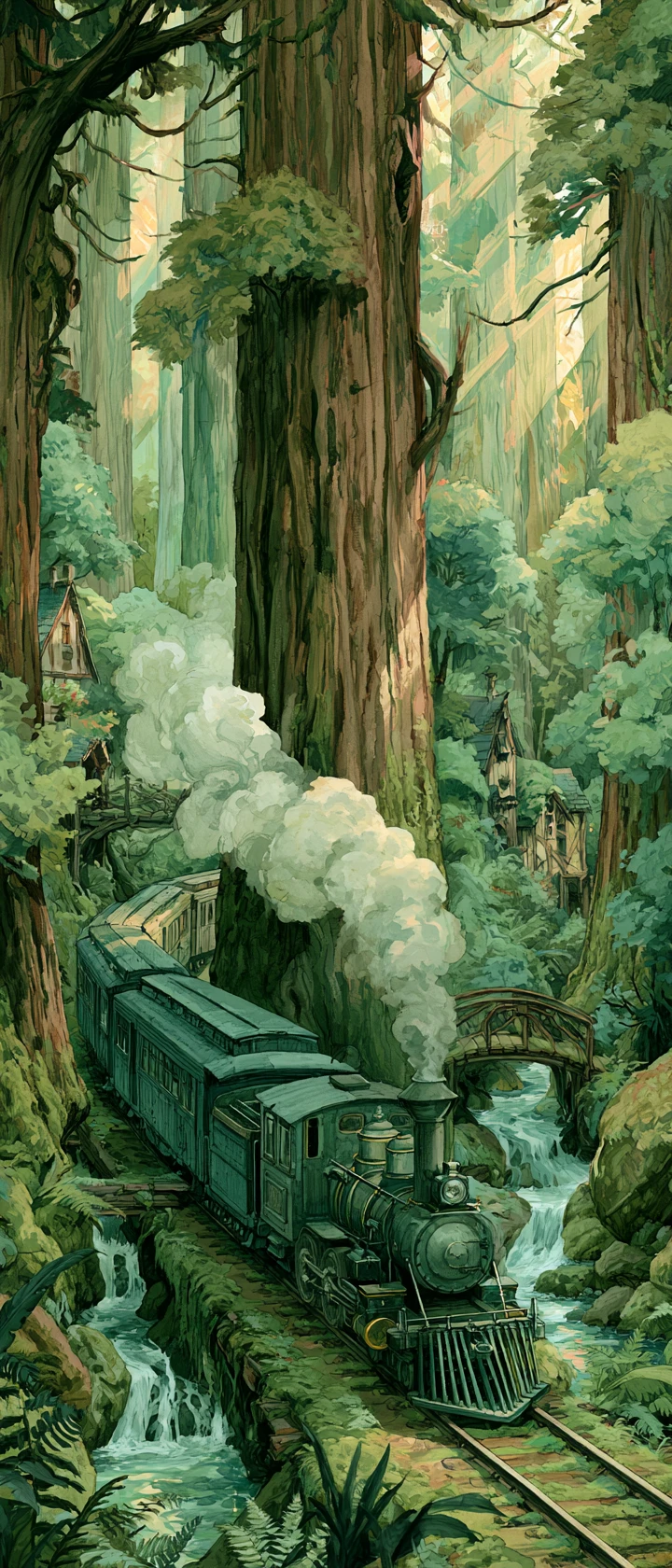 Tren vintage en un bosque de fantasía esmeralda encantado