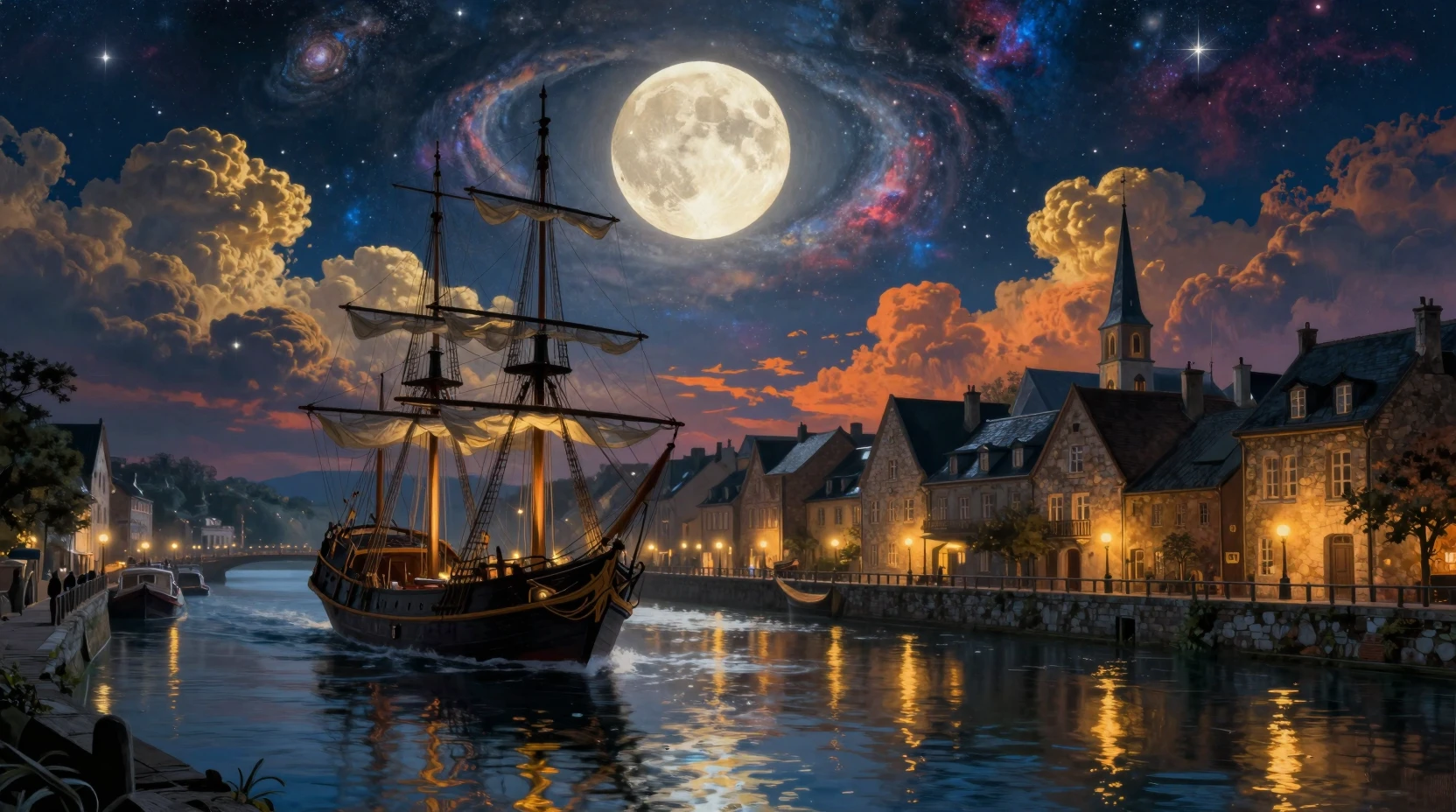 Surreal Night Harbor In A Historic European Riverside Town