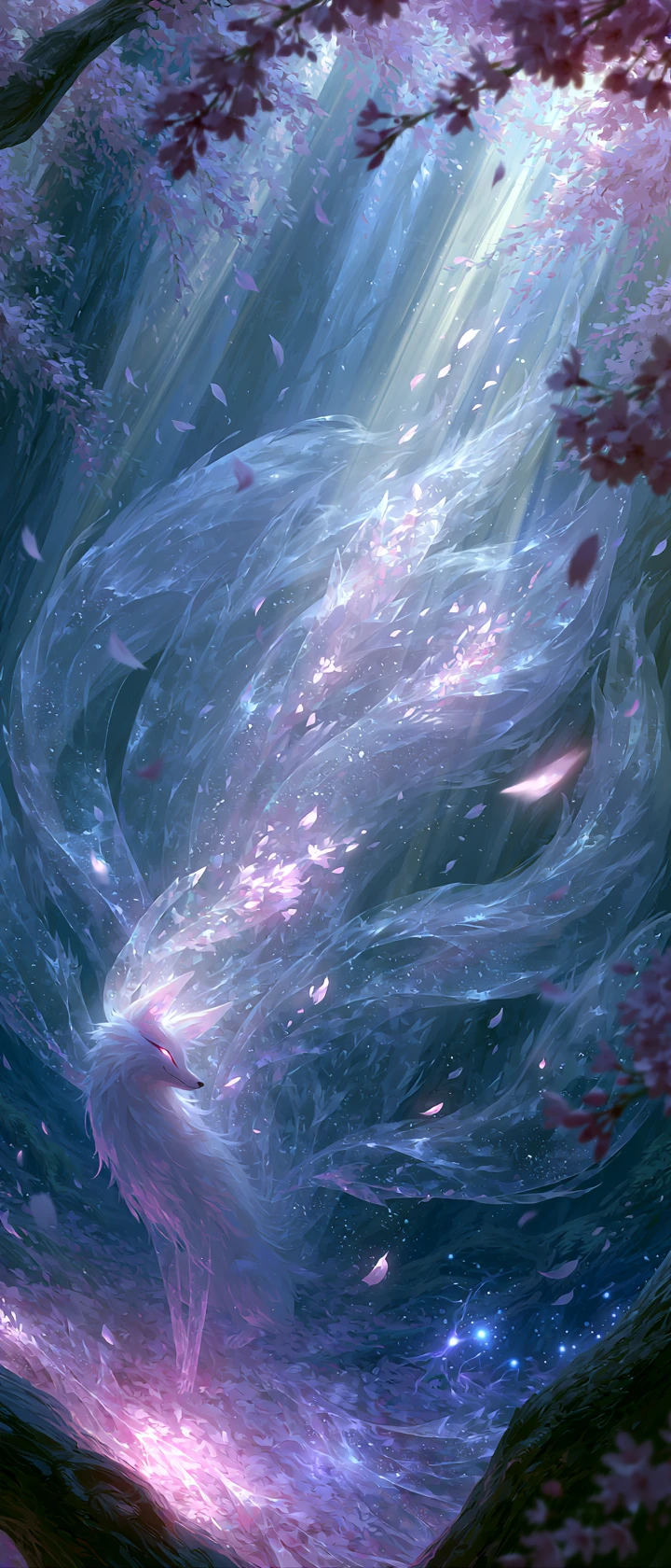 Kitsune di cristallo a nove code in una foresta antica illuminata dal sole