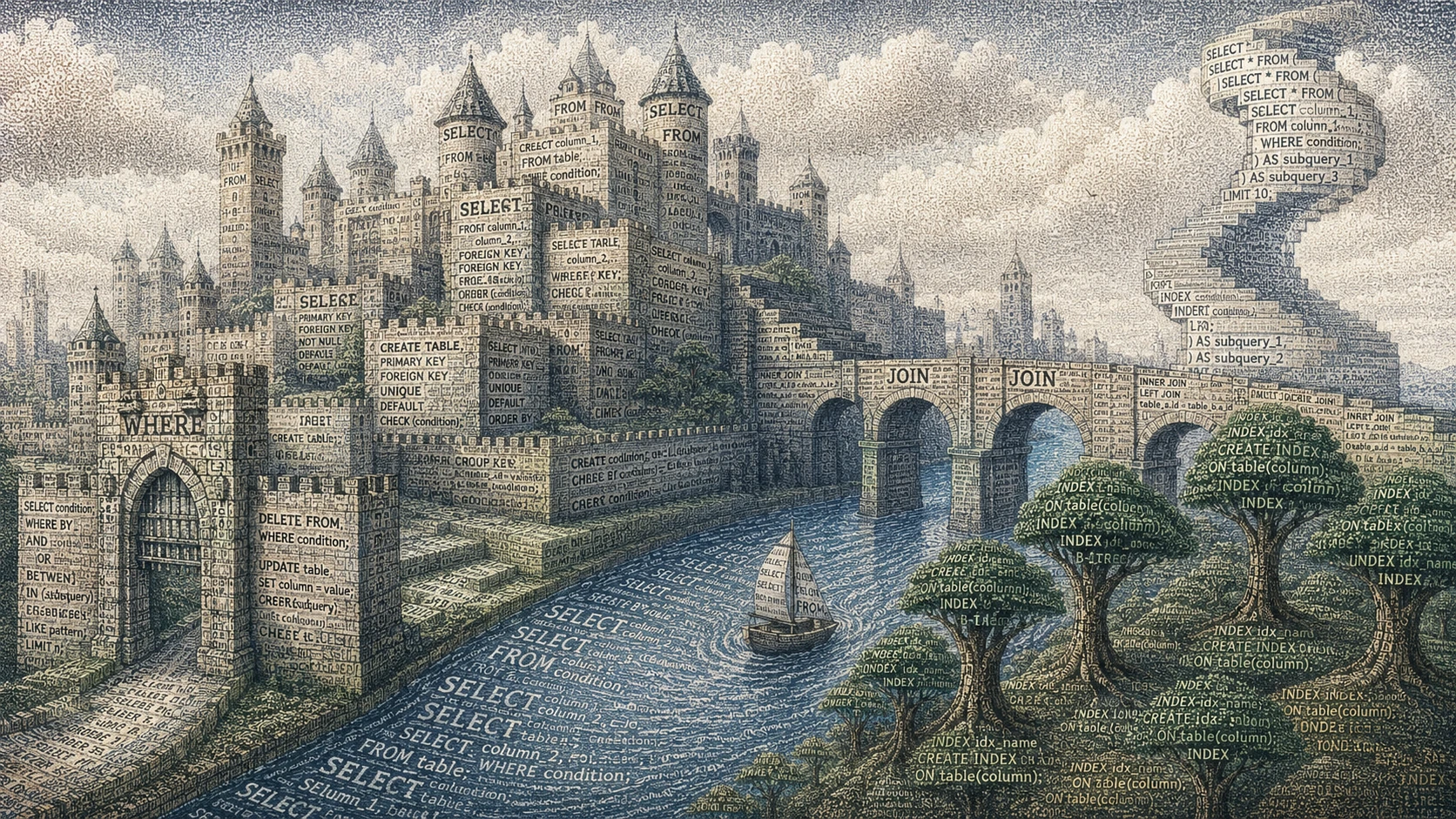Arquitectura de castillo surrealista construida a partir de texto de comandos SQL fluido