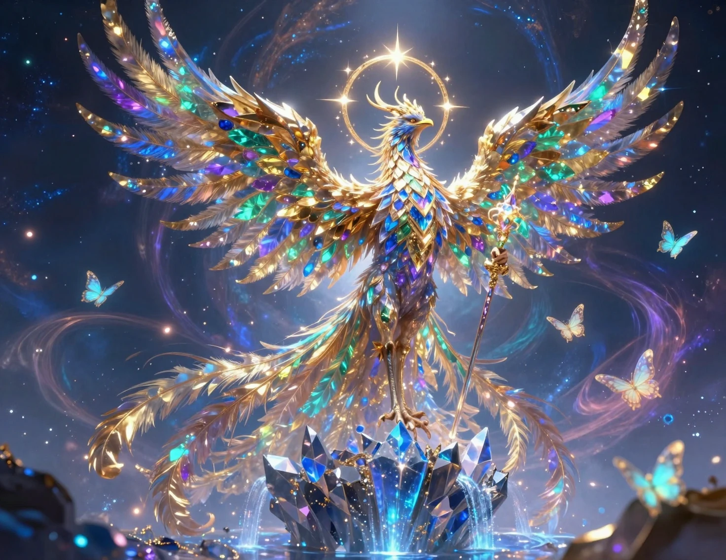 Celestial phoenix monarch on a floating obsidian crystal throne