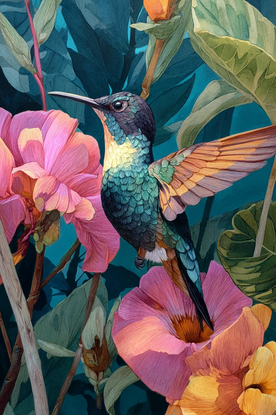 Pintura de colibrí colorido en tonos vibrantes y giratorios