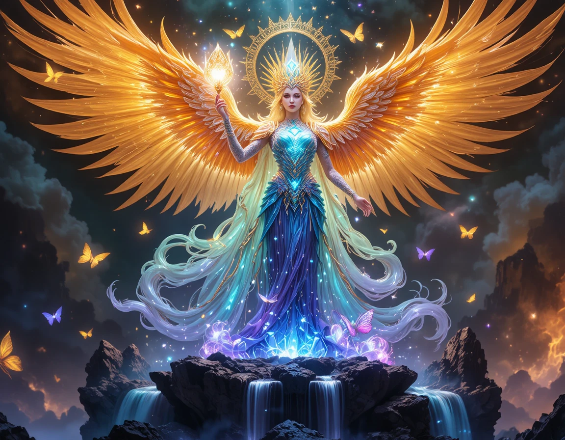 Celestial phoenix monarch on obsidian crystal throne