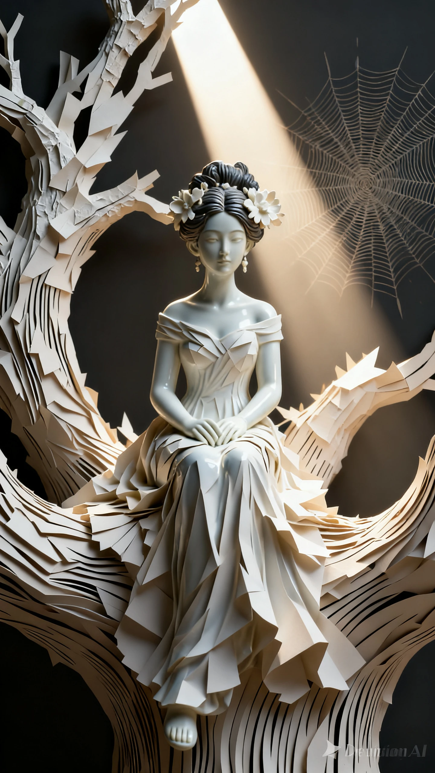 Estatua de mujer de papel de porcelana sobre rama de árbol surrealista