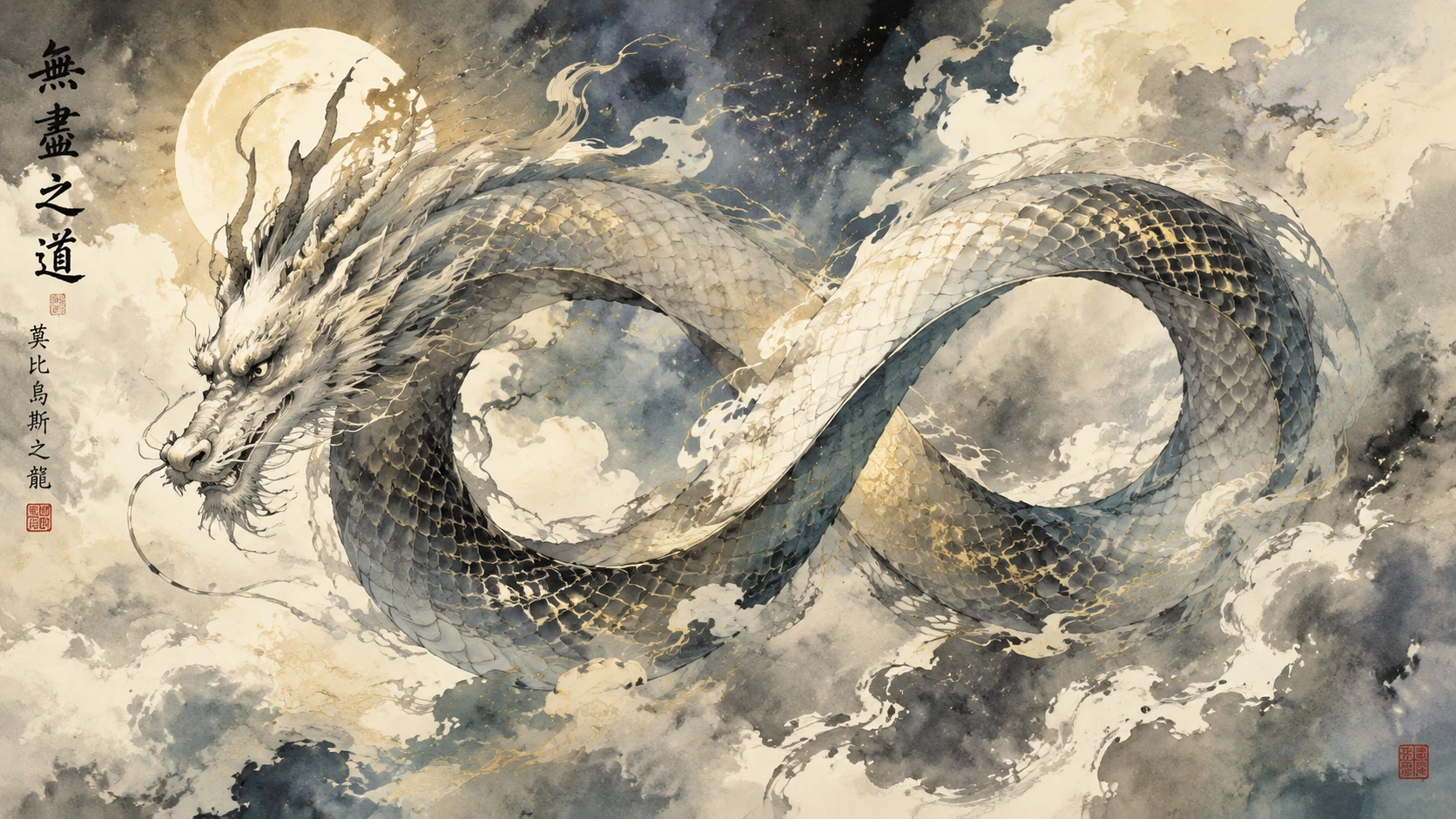 Dragón celestial en espiral entre nubes etéreas de acuarela