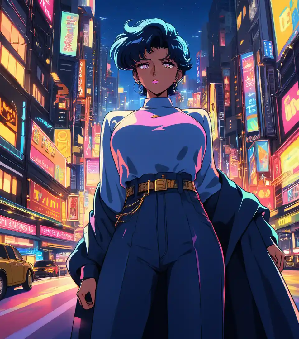 Anime-Frau am Fenster über einer Neonstadt bei Nacht