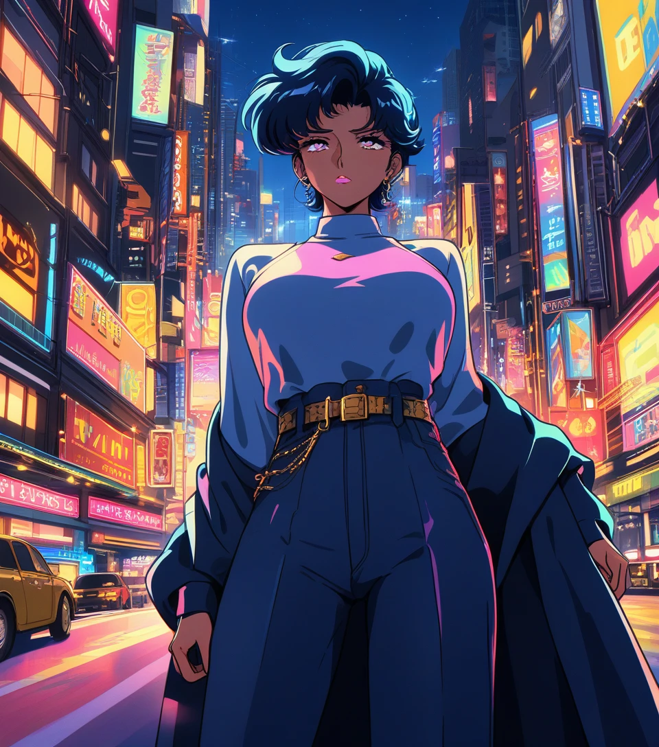 Mujer de anime en la ventana sobre ciudad neón de noche