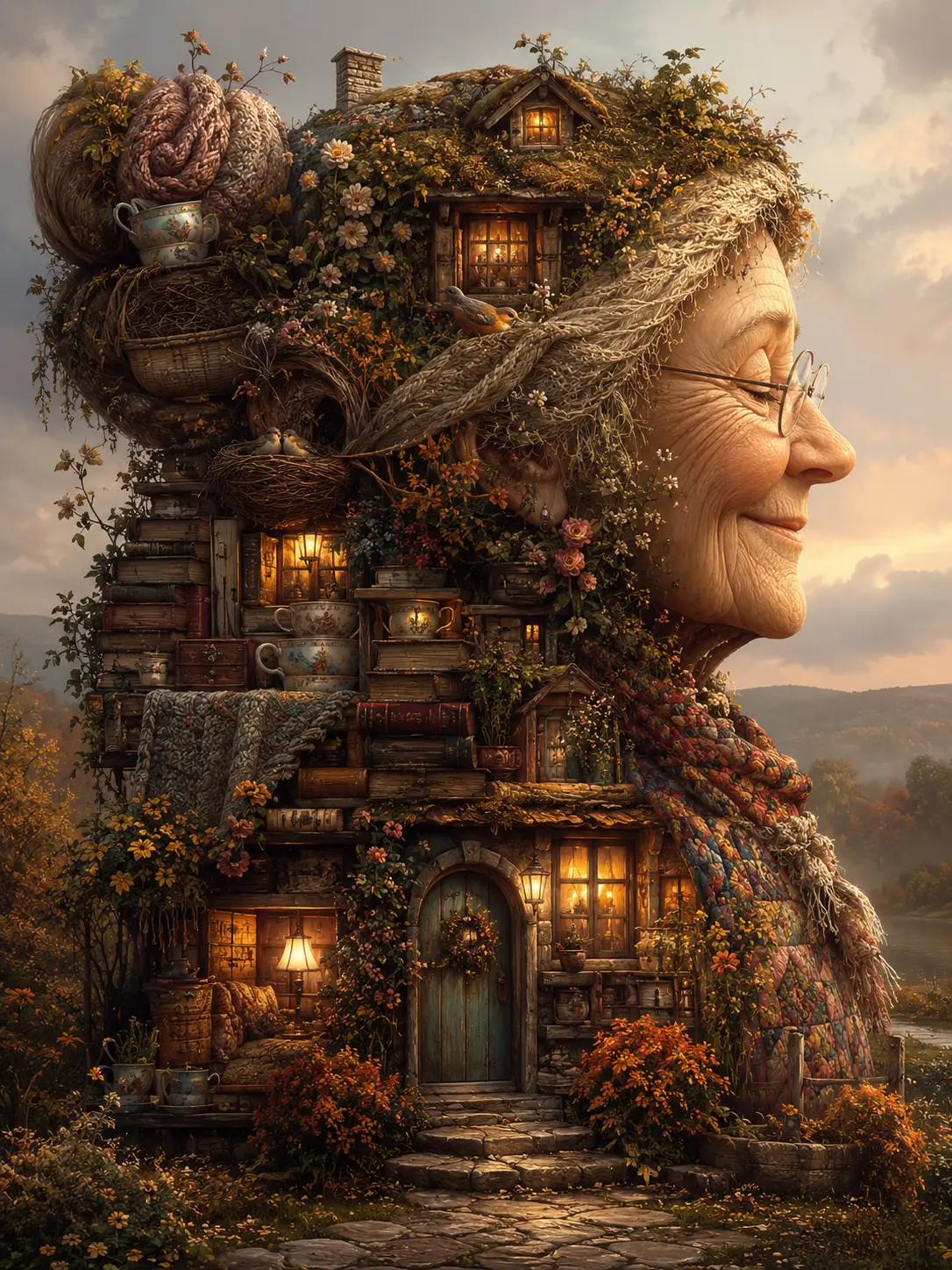 Whimsical book cottage shaped like a smiling grandmother