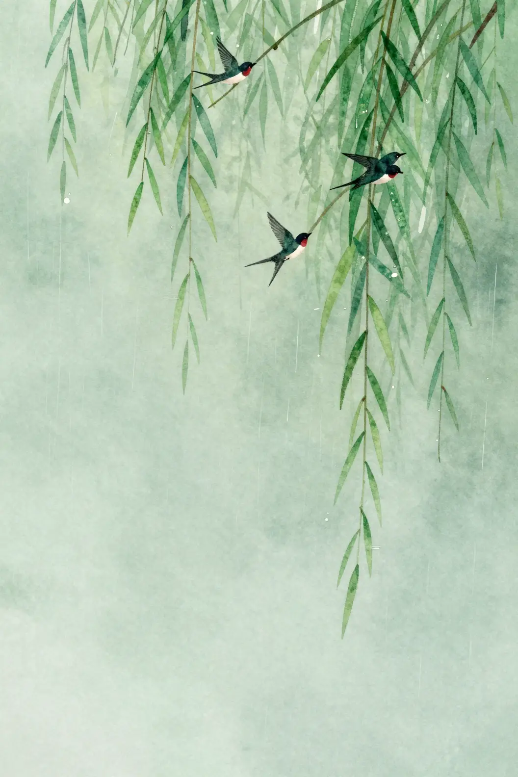 Hirondelles sur Branches de Saule dans une Douce Scène de Pluie en Aquarelle