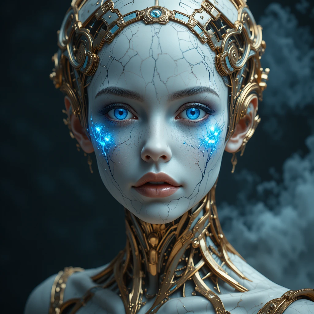 Retrato Futurista de Muñeca de Porcelana Biomecánica con Chips de Neón