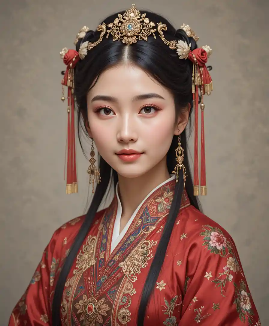 Retrato de Mujer con Atuendo Tradicional de la Etnia Yi de Liangshan