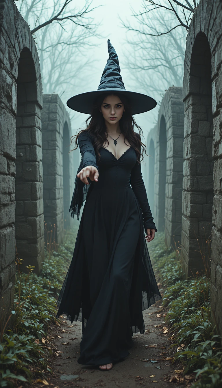 Bruja seductora caminando por un antiguo cementerio de noche
