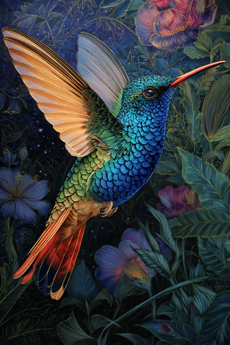 Peinture colorée d’un colibri dans un mouvement tourbillonnant dynamique