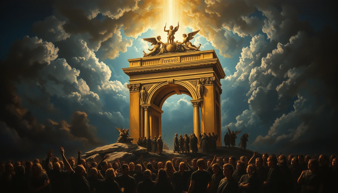 Golden sacred ark above crowd in dramatic divine light