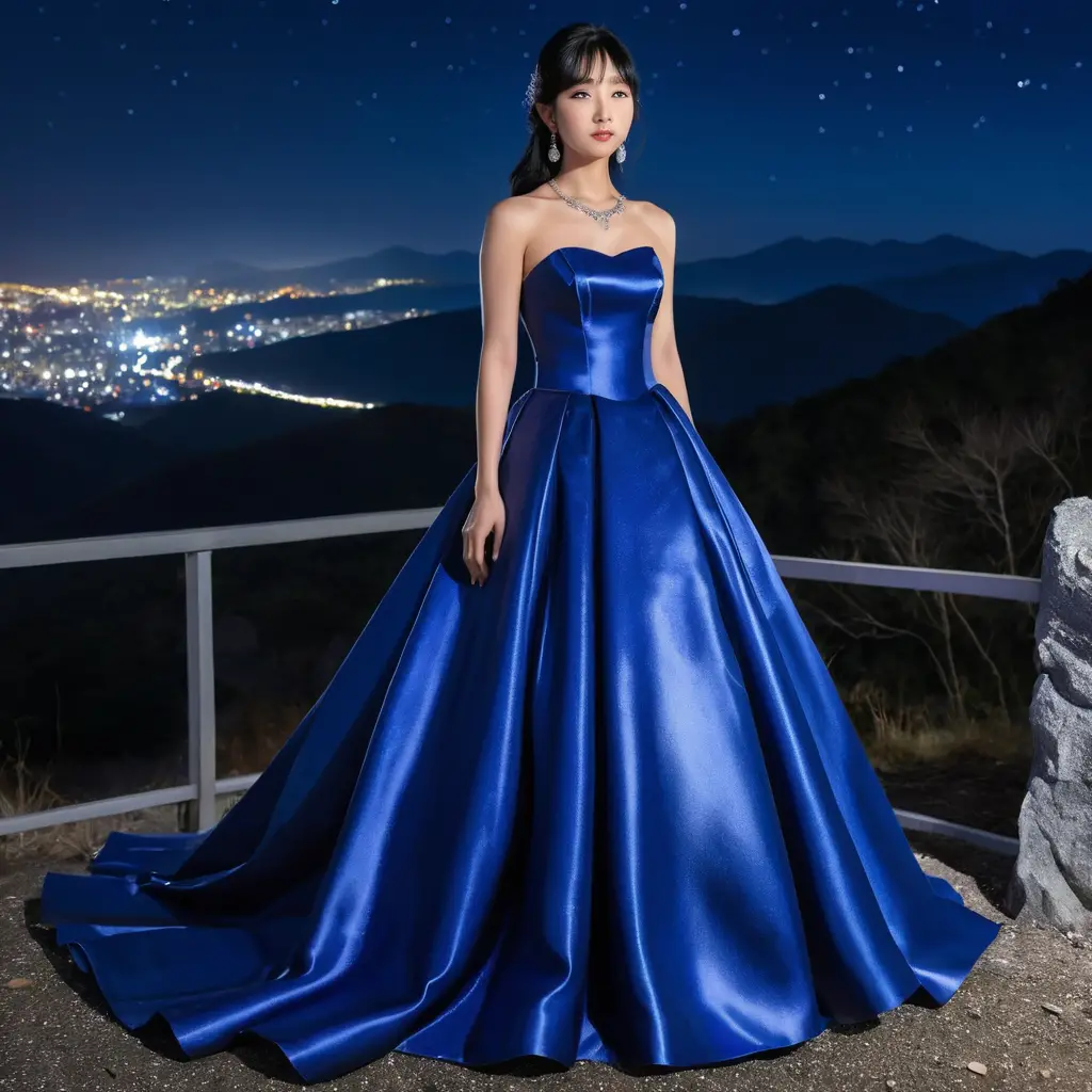 夜色中身穿皇家藍緞面禮服的優雅女子