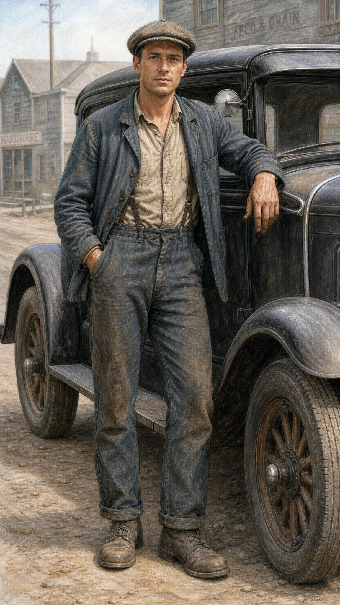 Obrero de la década de 1930 junto a un coche antiguo en arte pastel