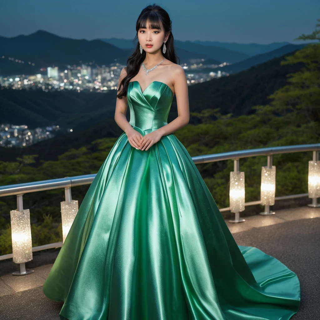 Elegante mujer japonesa con vestido de satén verde por la noche