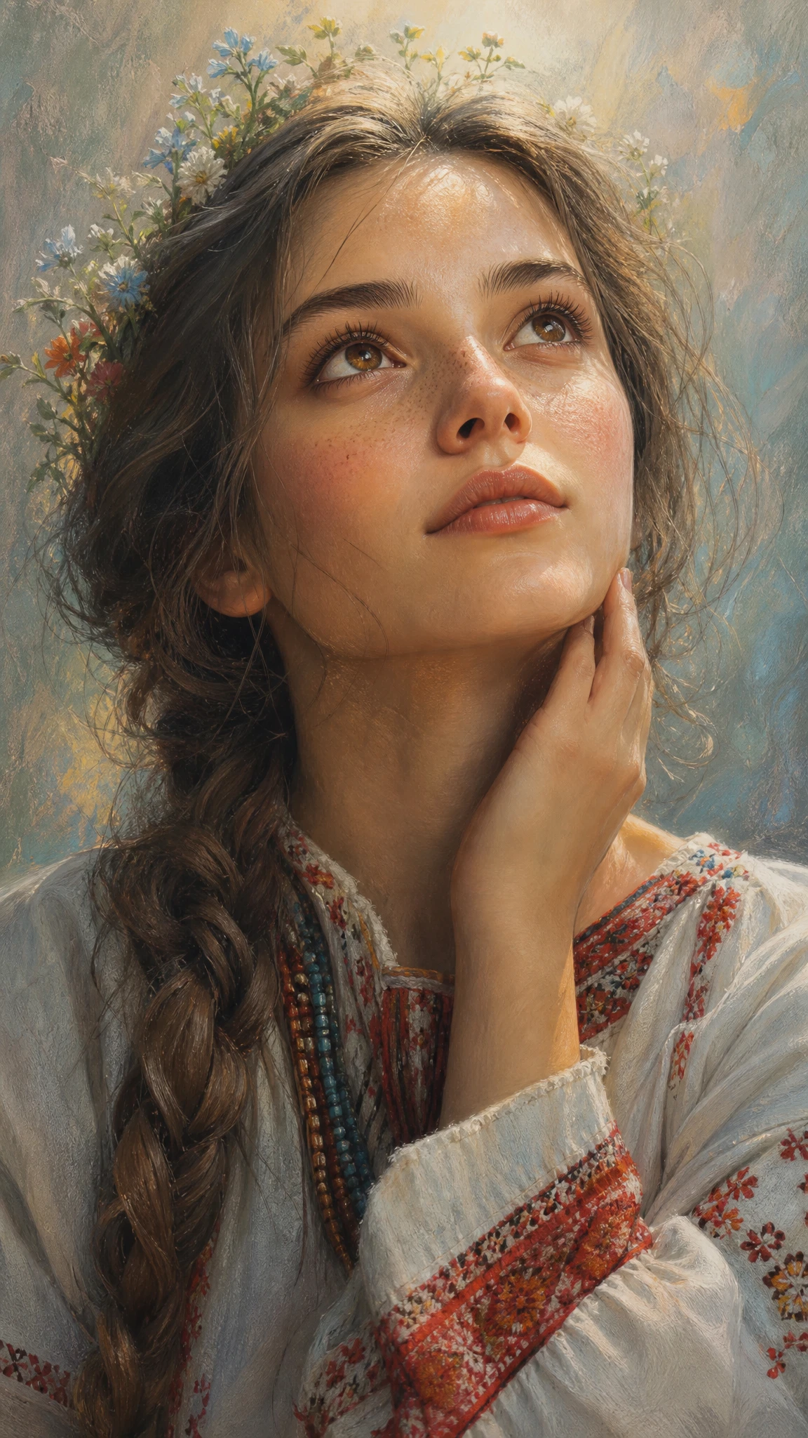 Retrato al pastel de mujer eslava tradicional con luz suave y resplandeciente