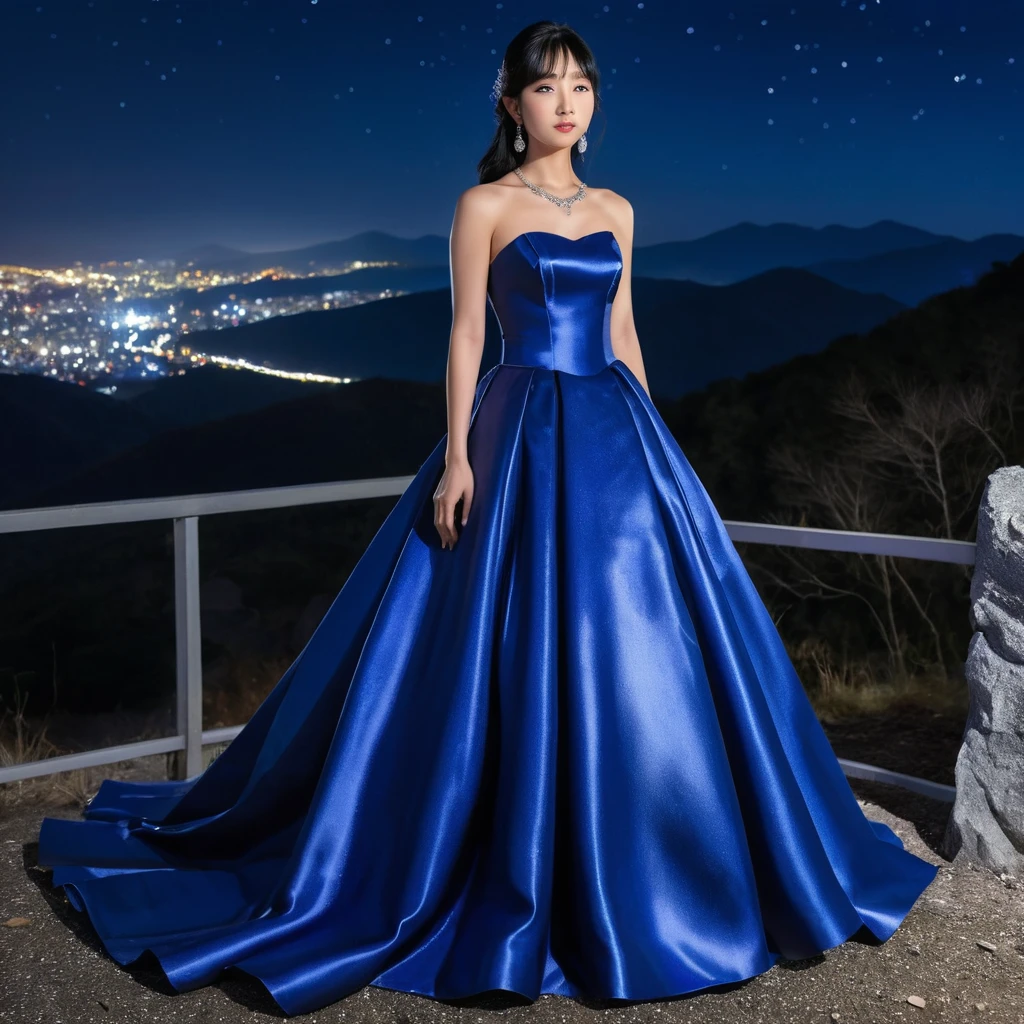 Mujer elegante con vestido de satén azul real de noche