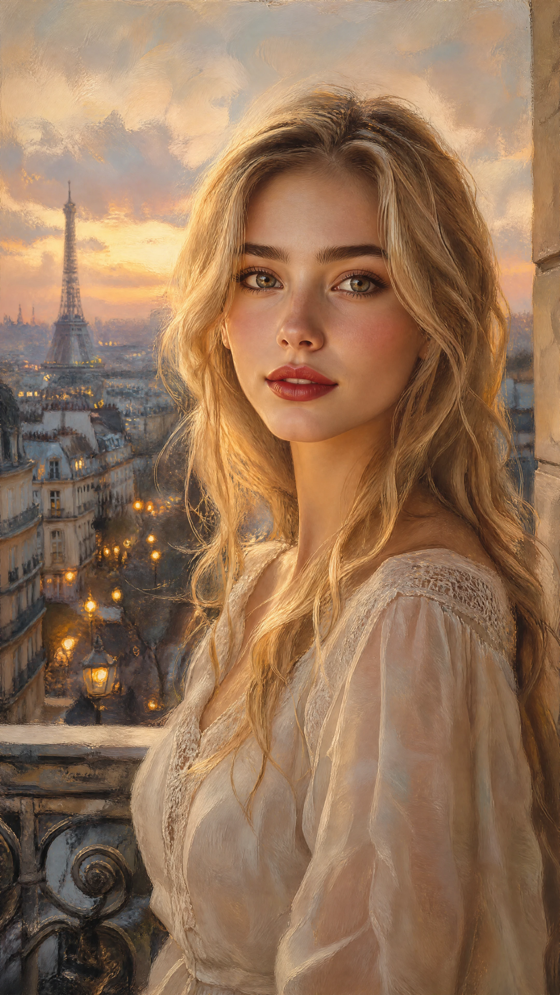 Retrato en tonos pastel suaves de una mujer rubia en París