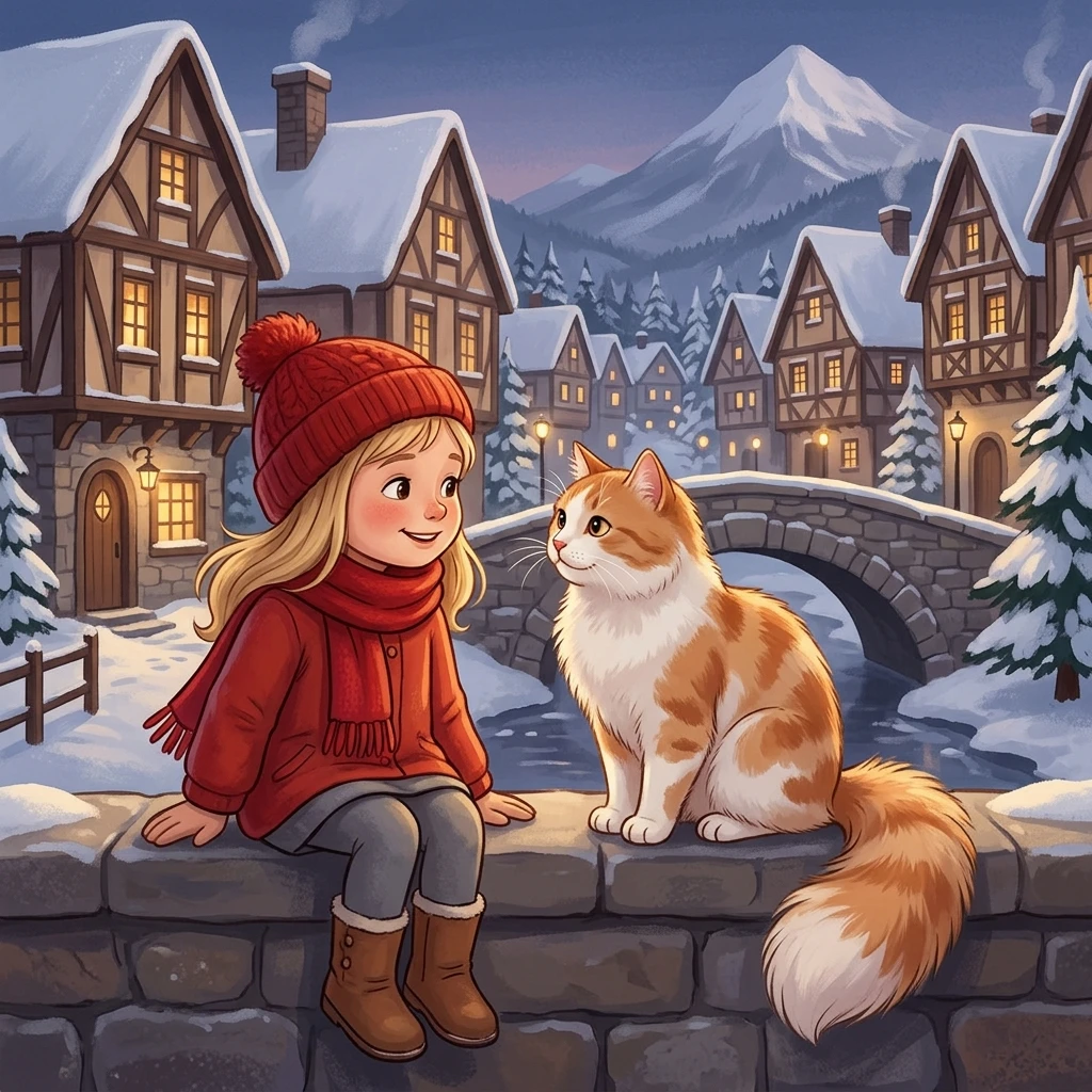 Niño y gato adorable en un pueblo navideño nevado – ilustración