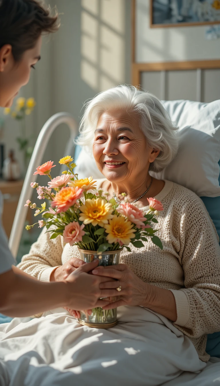Elderly Woman Smiling In Hospital Bed With Flower Gift