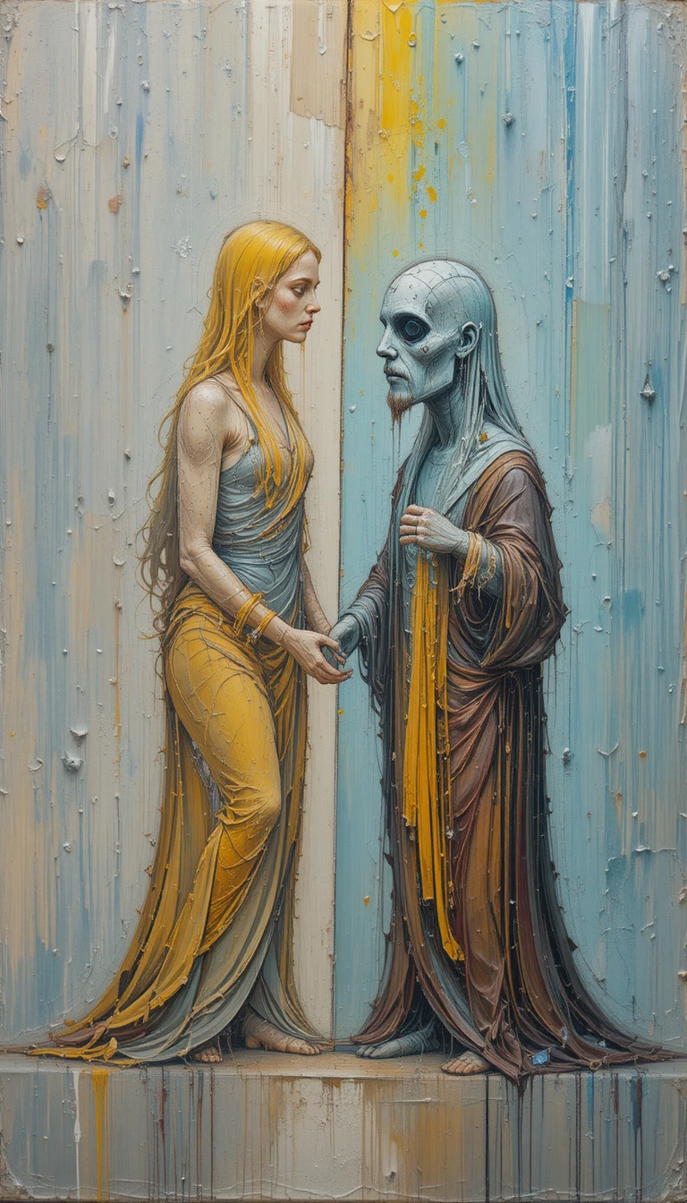 Mujer devocional abstracta en pintura por capas de acrílico y óleo