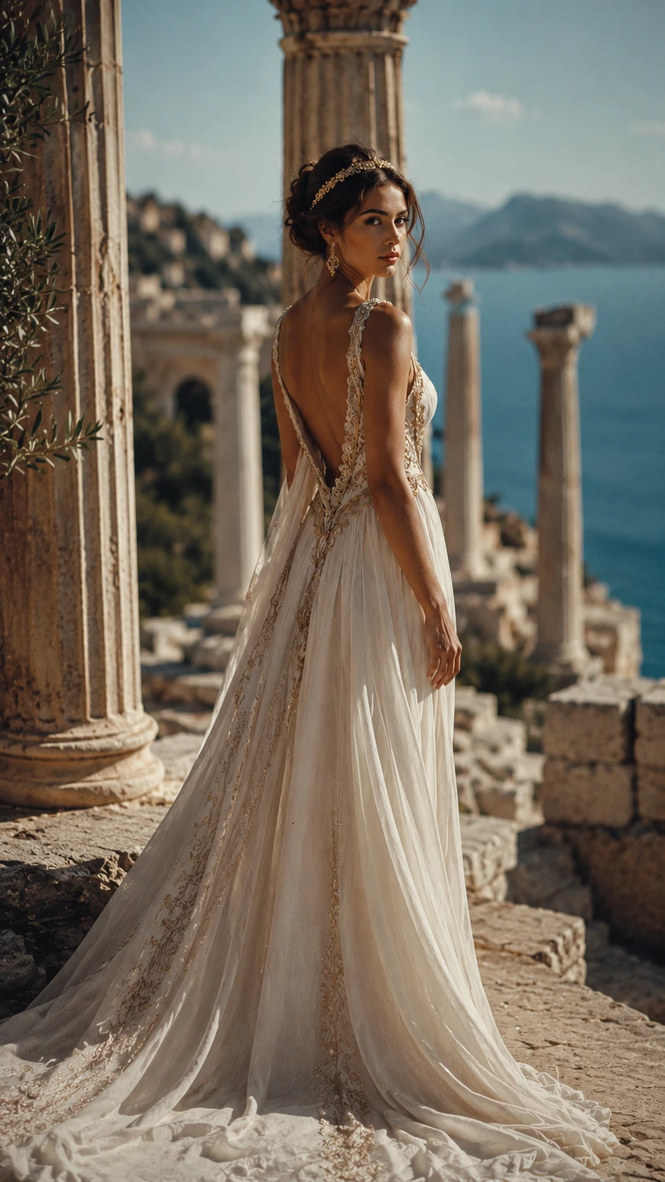 古代ギリシャ神殿にたたずむ優雅なギリシャ風ドレスの花嫁