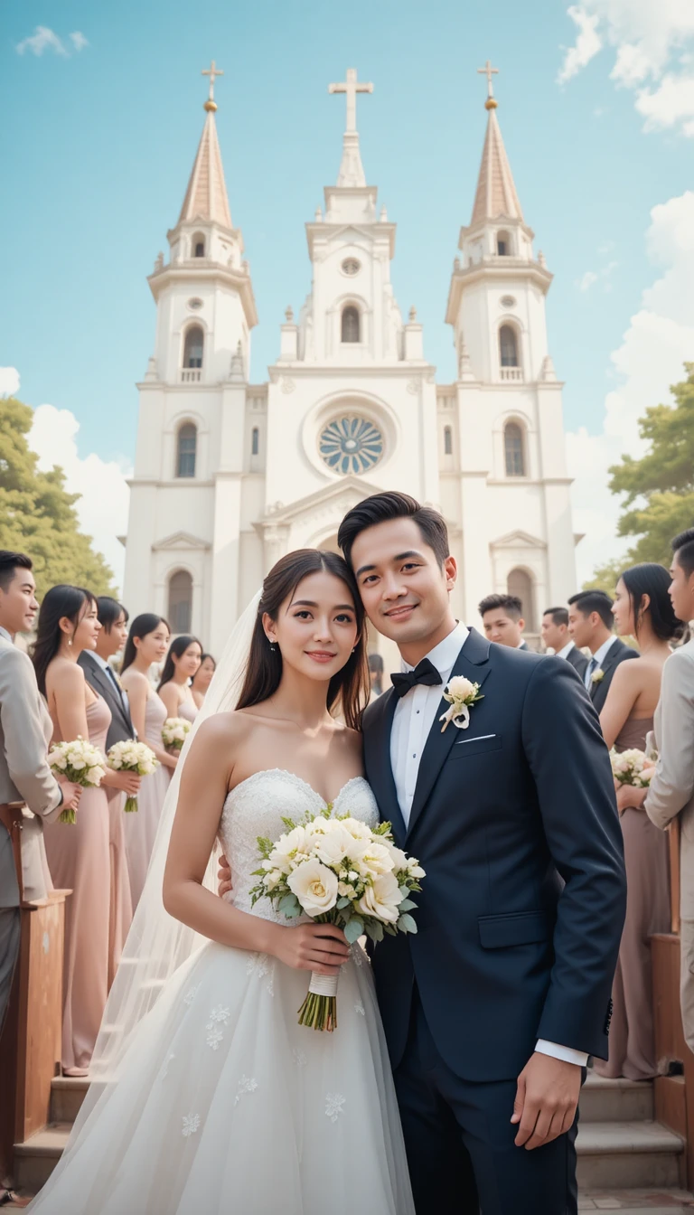 婚禮後在教堂台階上擺姿勢的新郎新娘