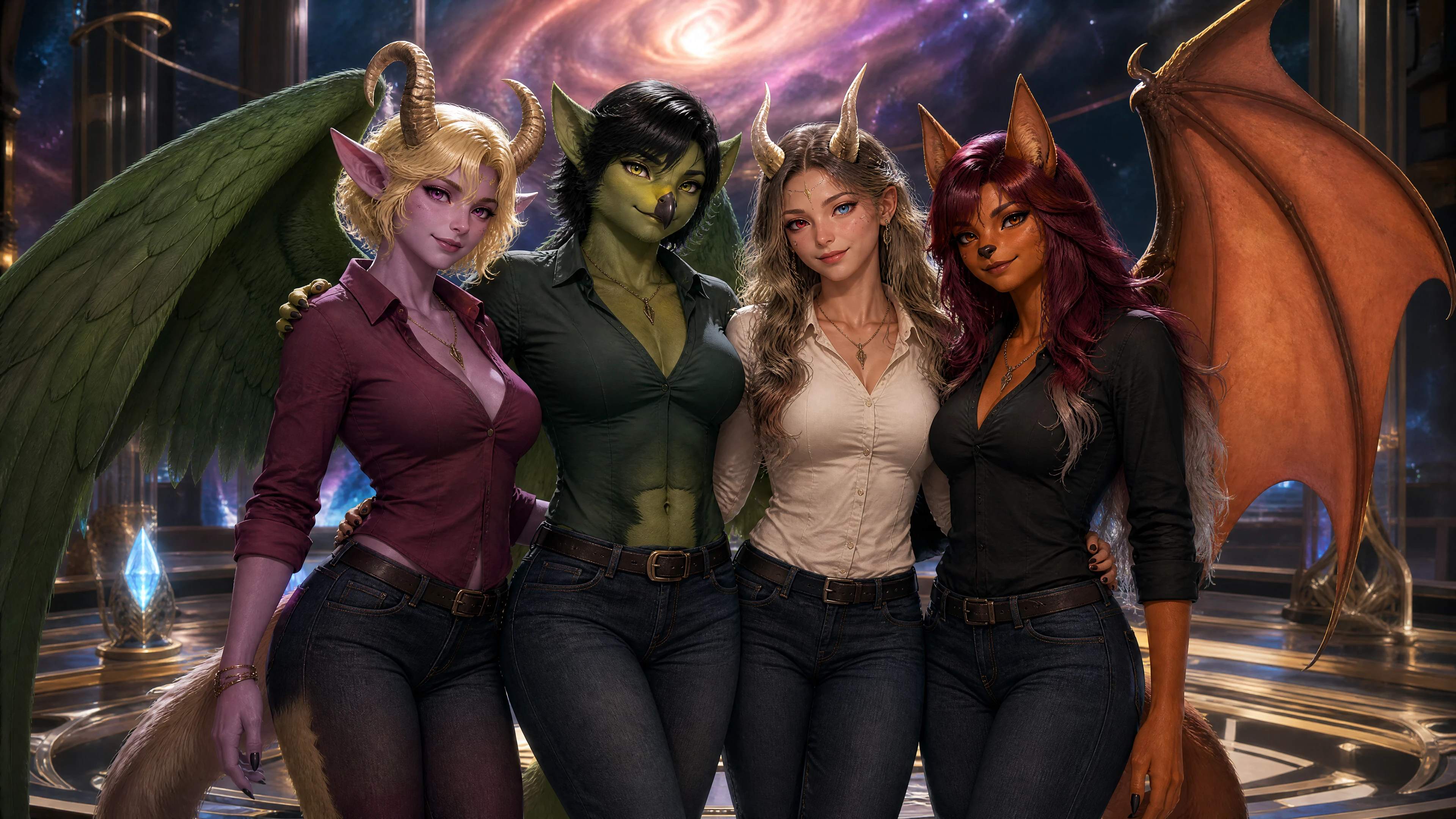 Cosmic satyr woman guardian in casual modern clothes