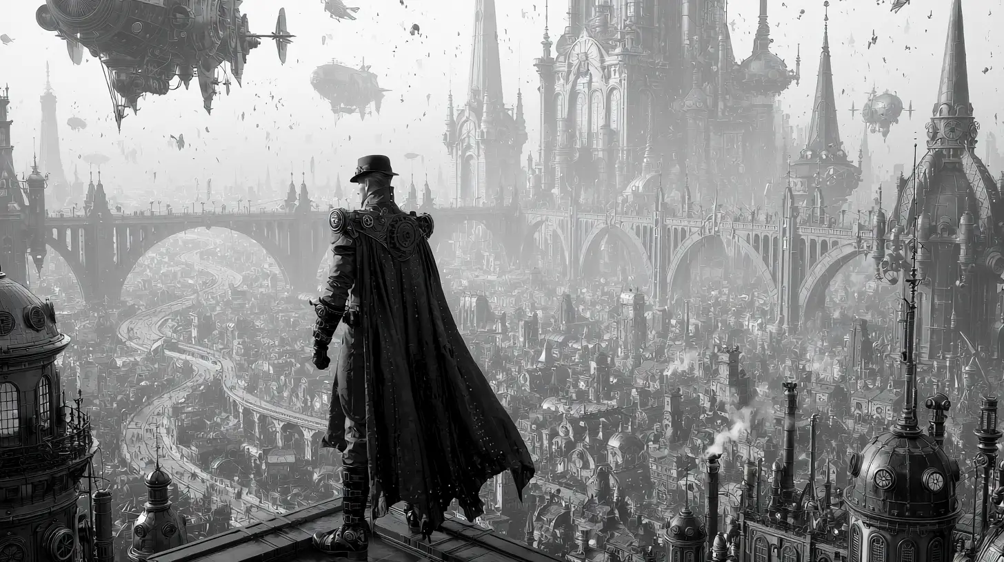 Superhéroe steampunk contemplando una extensa ciudad retrofuturista