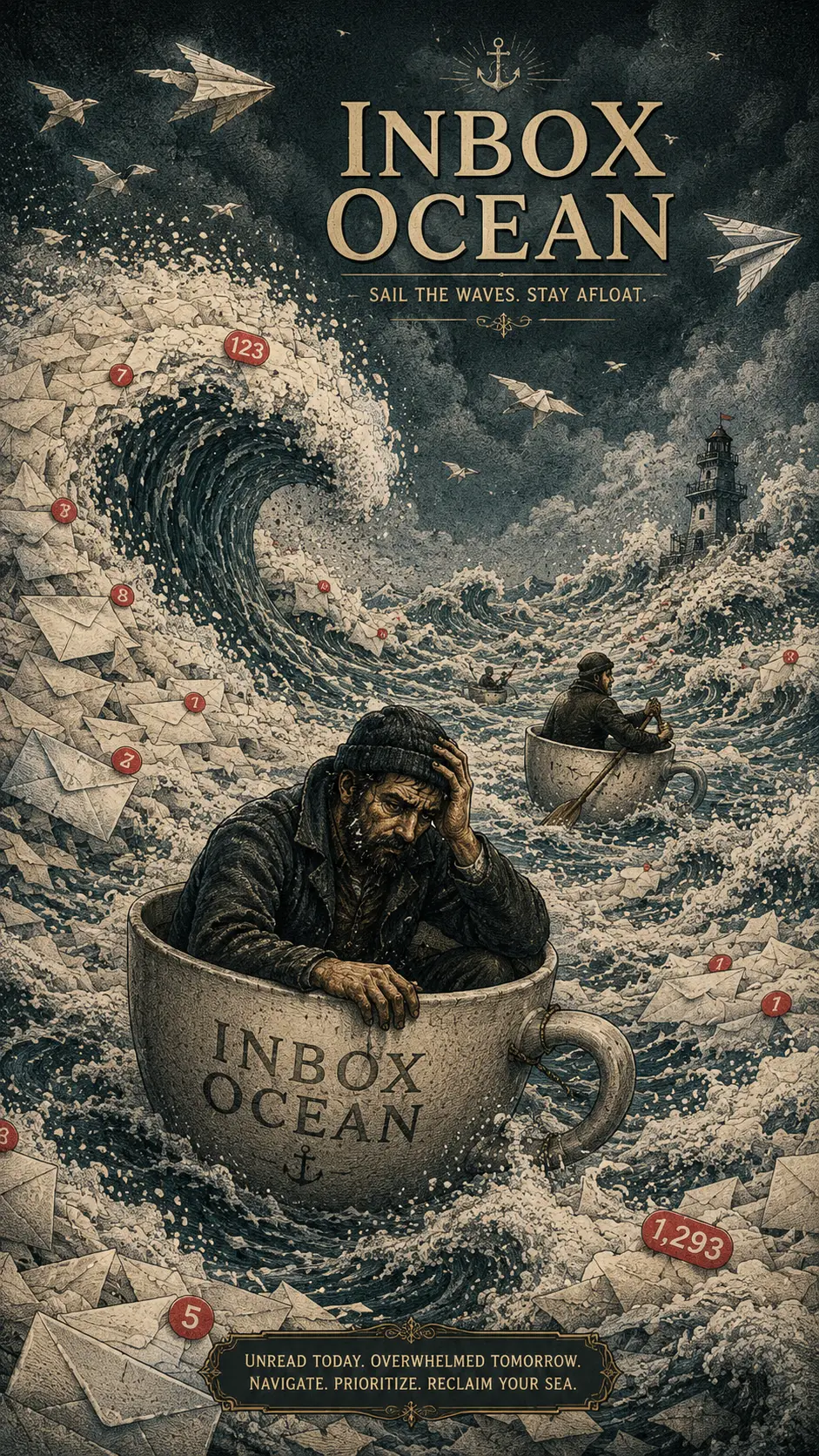 Surreal inbox ocean of envelopes forming crashing waves