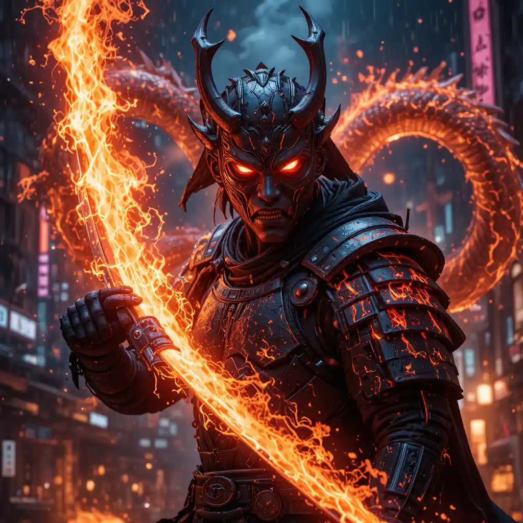 Cyberpunk-Samurai-Krieger in brennenden Neonstraßen von Tokio