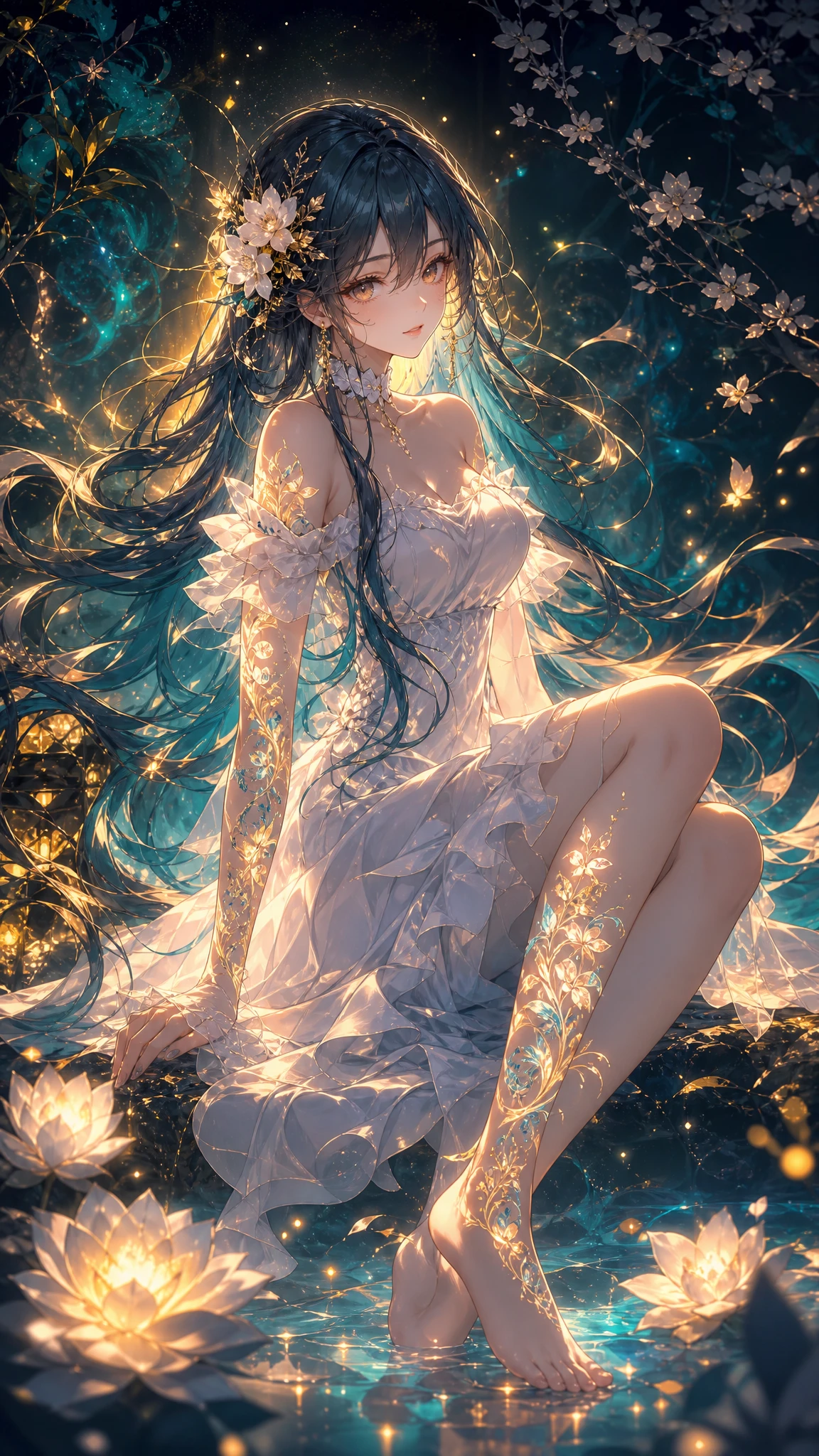 Chica de anime etérea con tatuajes florales brillantes