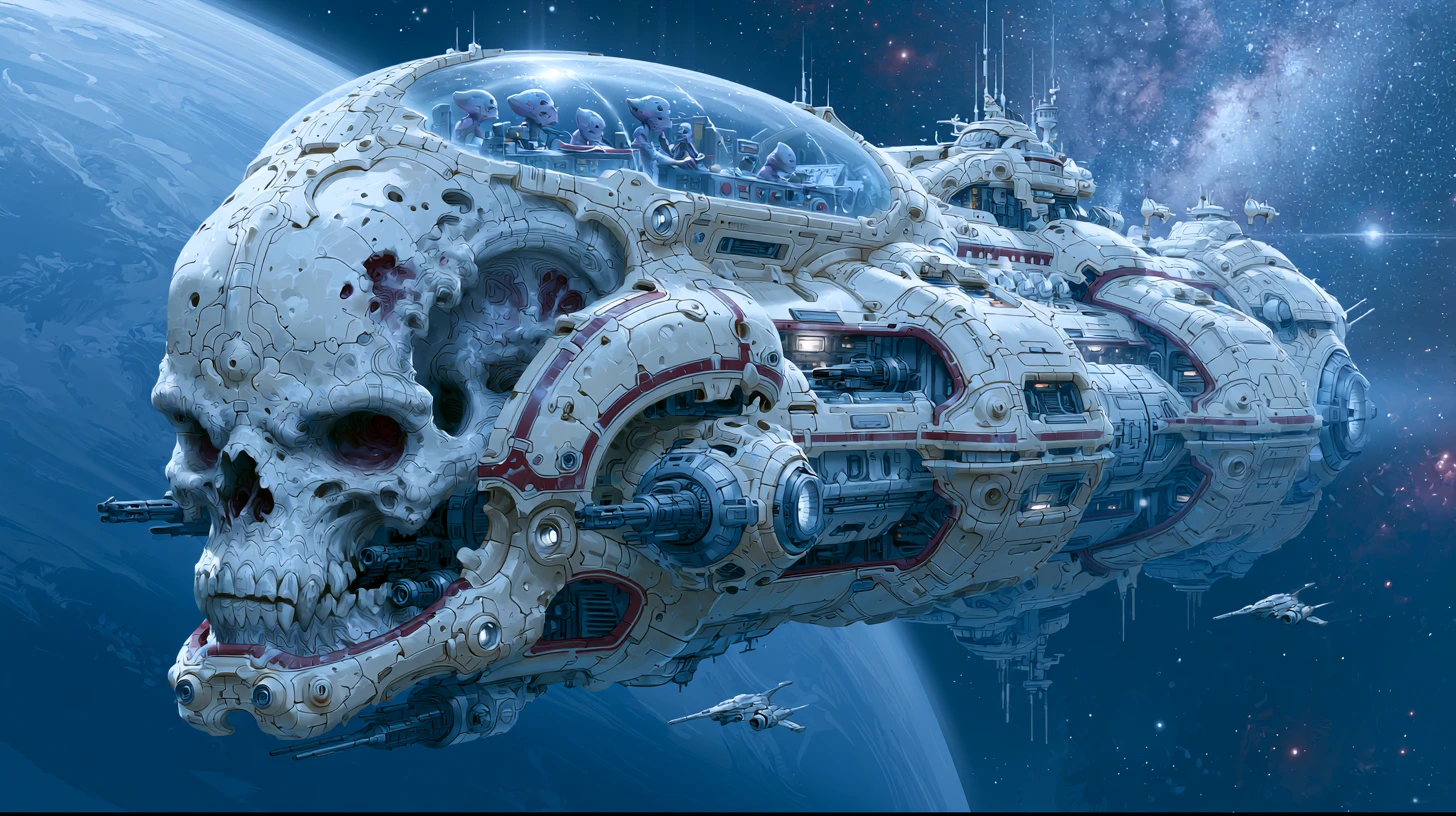 Crucero espacial con cráneo alienígena pasando junto a un planeta azul distante