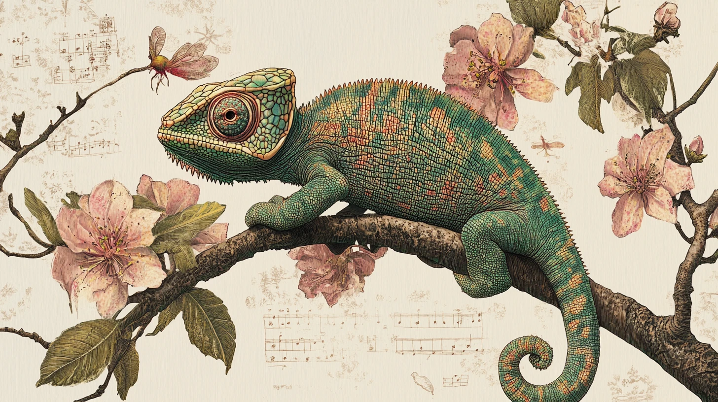 Surreal chameleon with worlds engraved across its scales