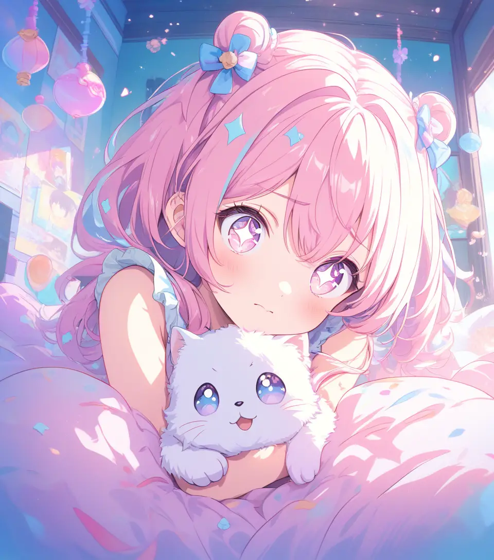 Fille d’anime sur son lit serrant un chaton tout doux