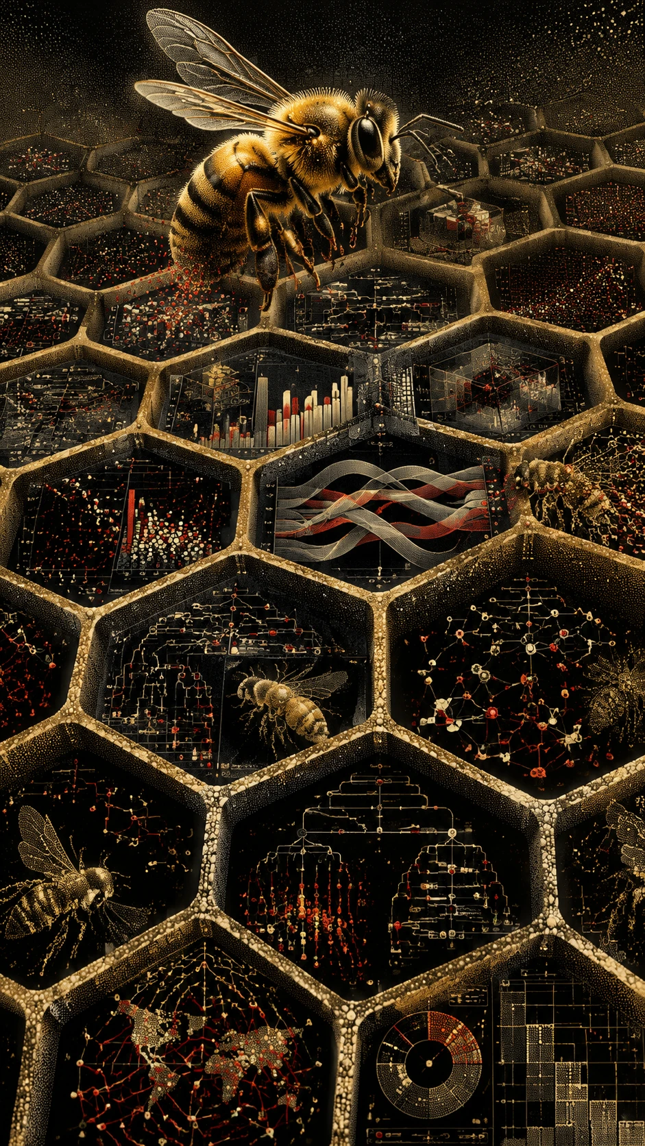 Abeja sobre un panal surrealista de diminutas visualizaciones de datos