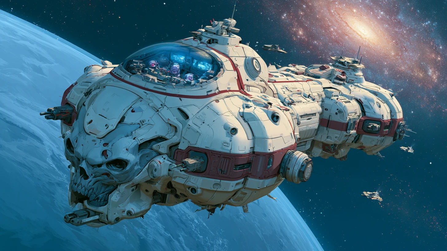 Crucero Espacial de Calavera Alienígena Deslizándose junto a un Planeta Azul