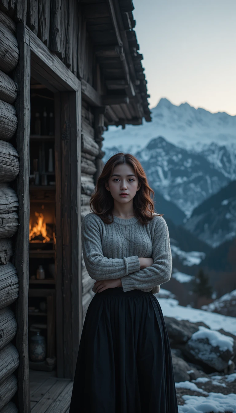 Mujer japonesa de pie en la puerta frente a montañas nevadas