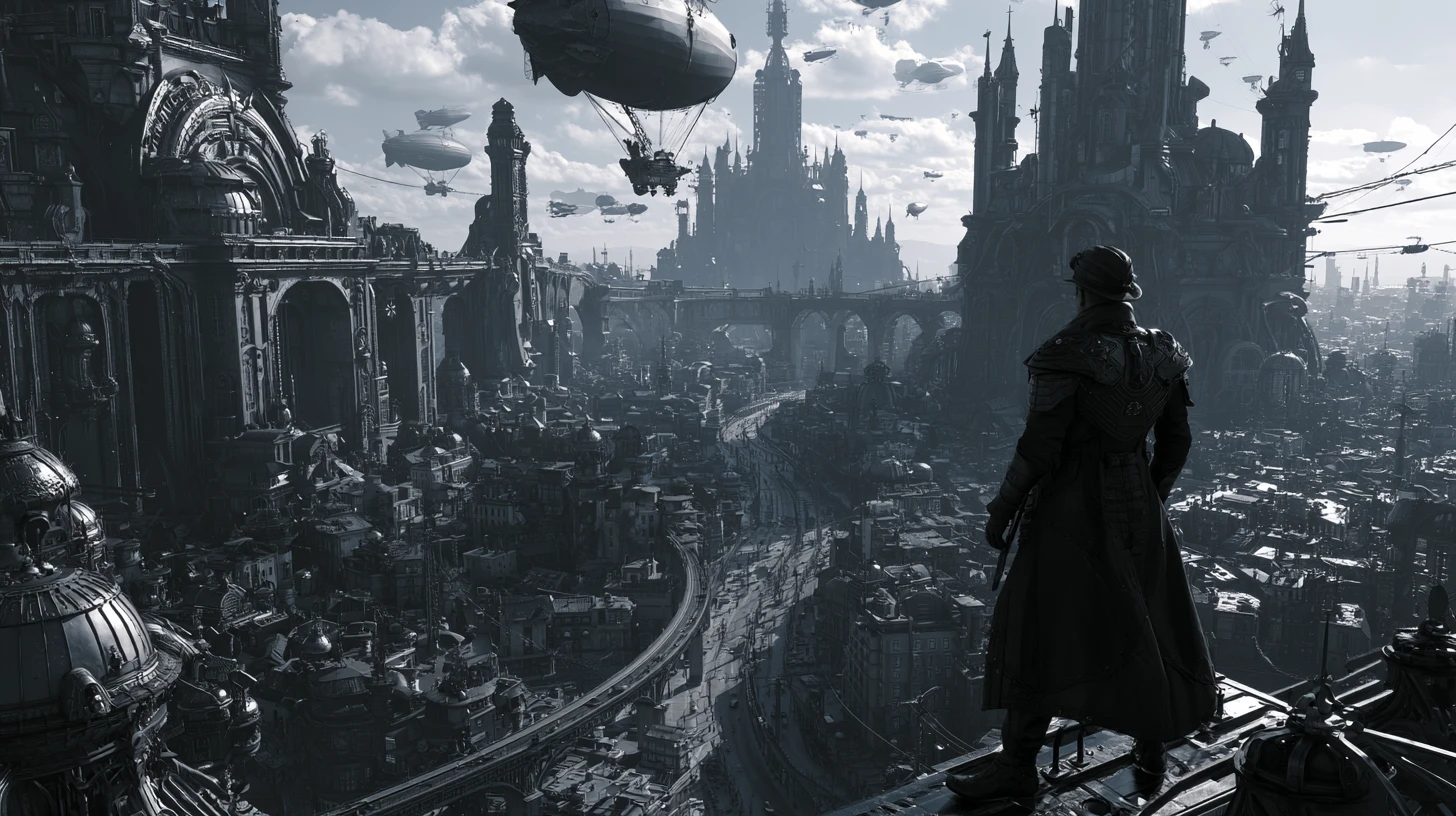 Superhéroe steampunk contemplando una extensa ciudad de estilo noir