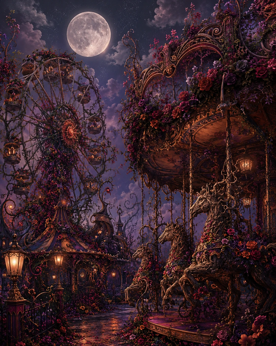 Abandoned carnival reborn as moonlit botanical sculptures