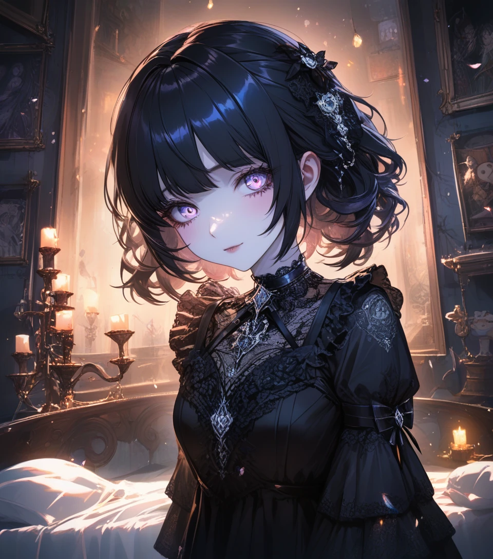 Chica de anime gótica en un acogedor dormitorio iluminado por velas