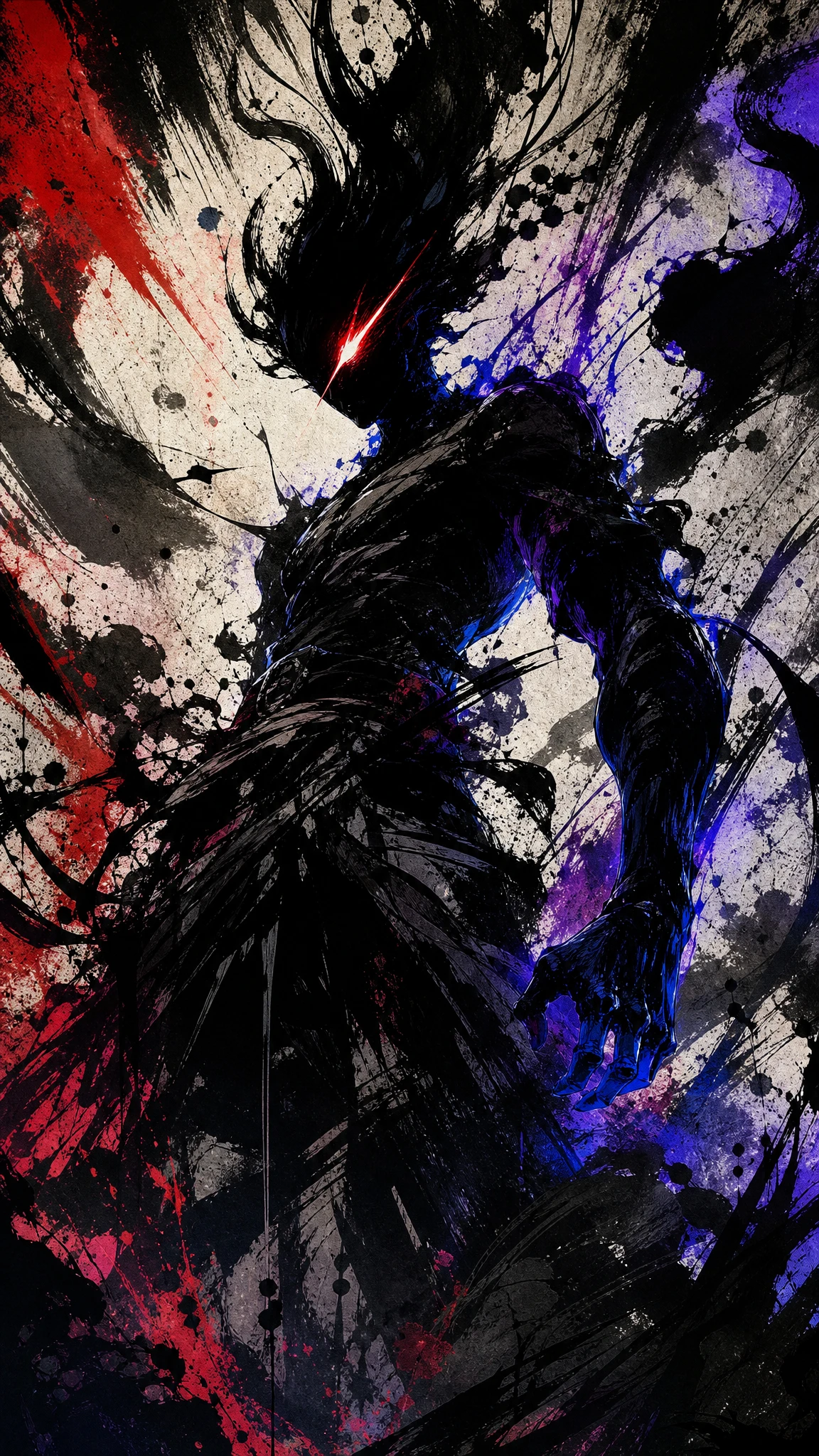 Humanoid figure emerging from violent abstract ink explosion
