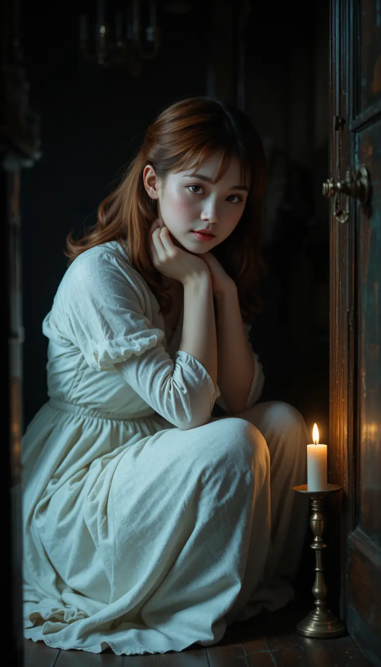 Fille japonaise cachée sous l’escalier à la lueur des bougies