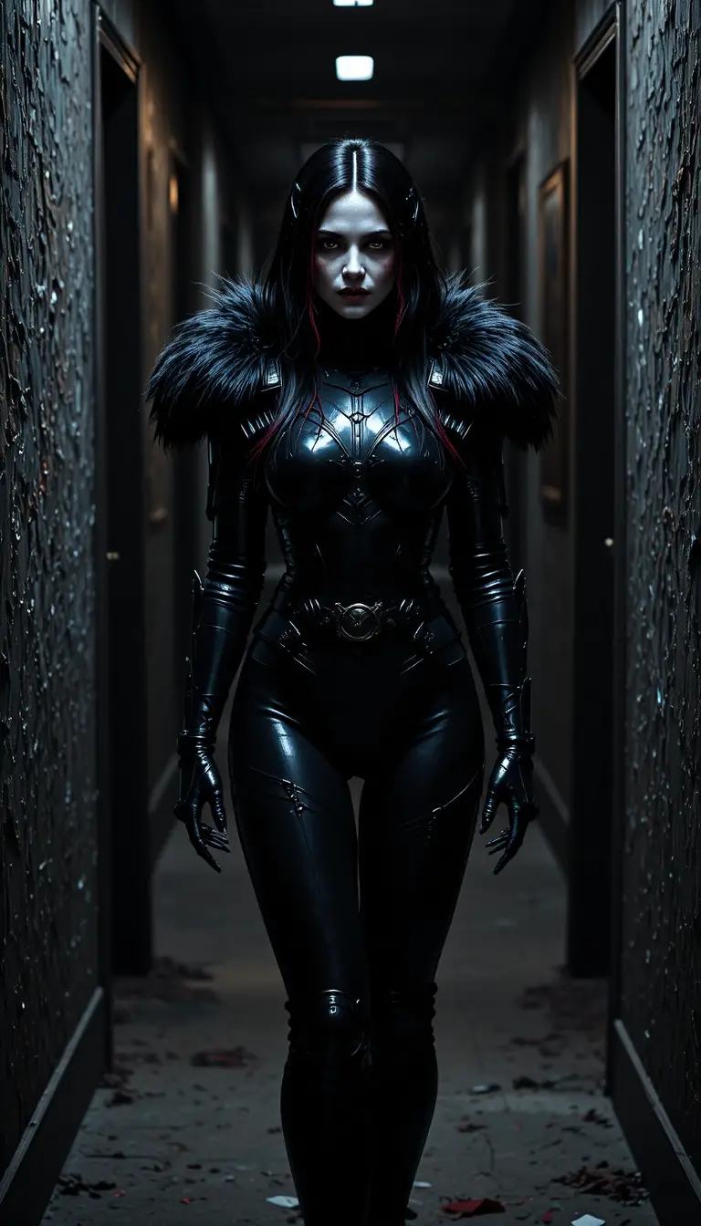 Grande femme en armure dans un couloir sombre et étroit