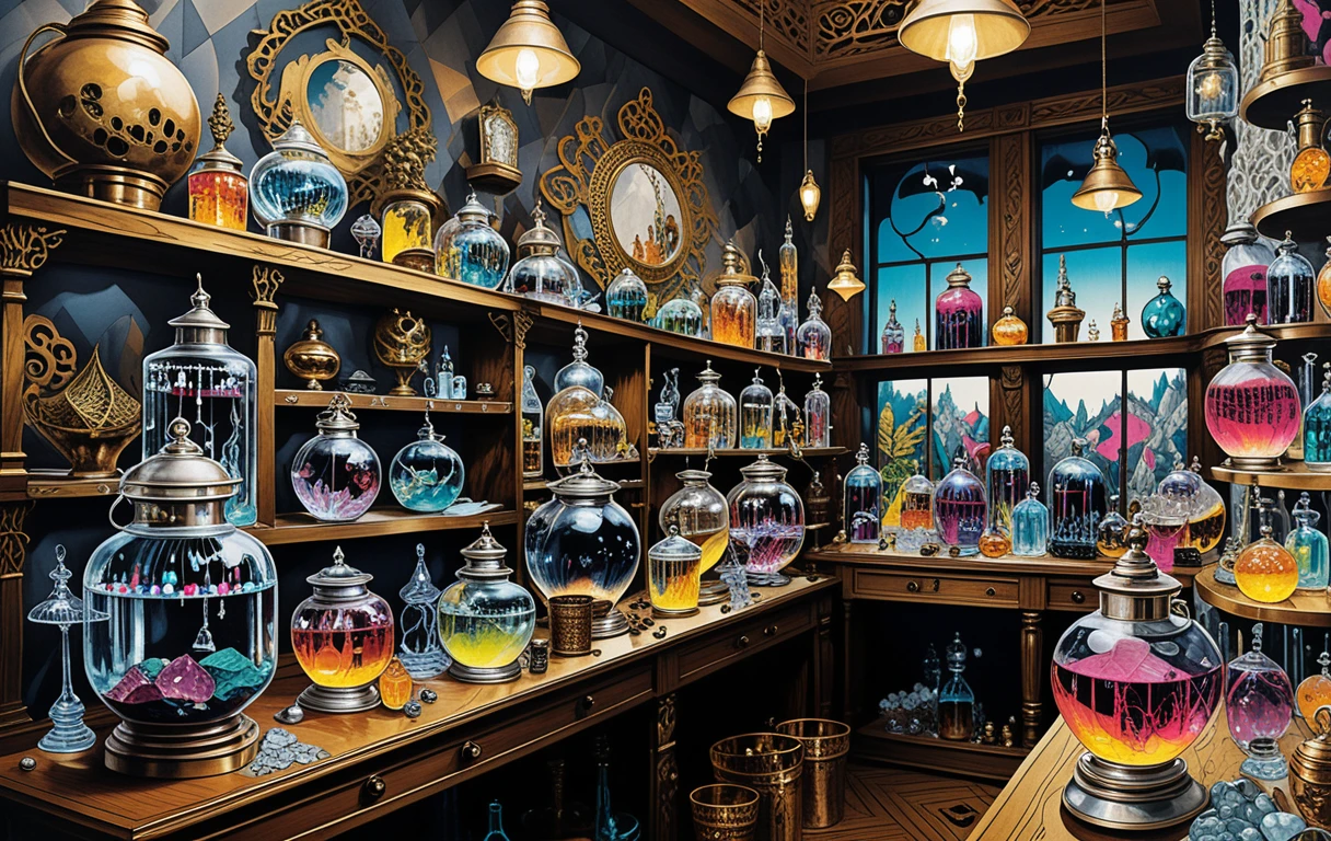 Boutique d’apothicaire mystique aux lanternes néon lumineuses