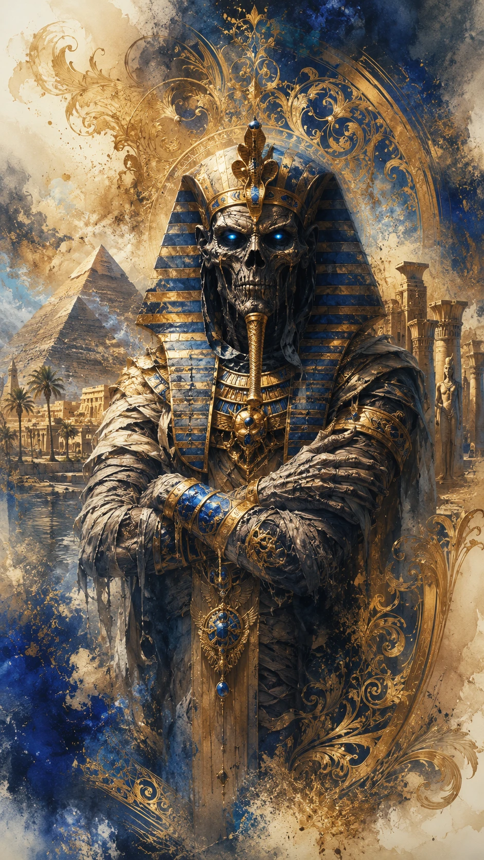 Ancient Egyptian mummy king with pyramids and temples