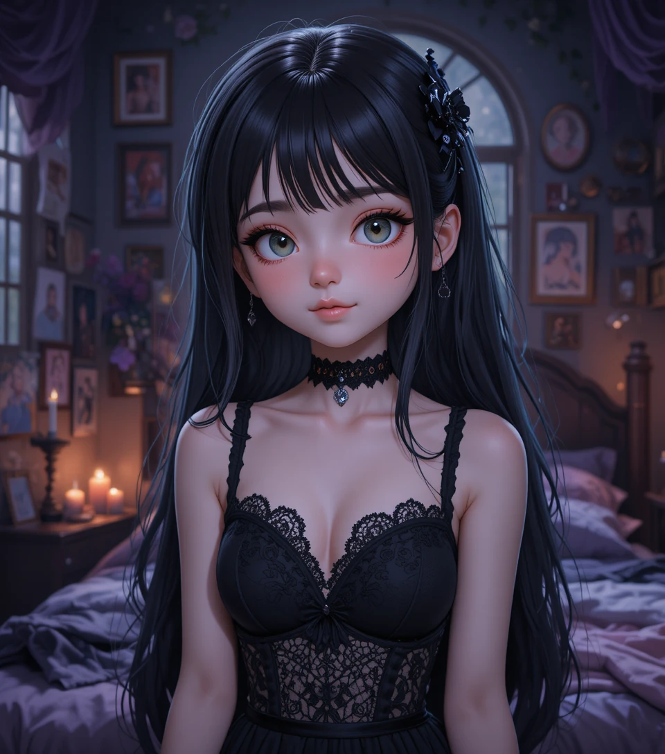 Linda chica de anime gótica en una escena de dormitorio melancólica